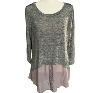 Gray Hi-Low Tunic with Lavender Chiffon Trim, 3/4 Sleeves, Boho Chic, sz S/M